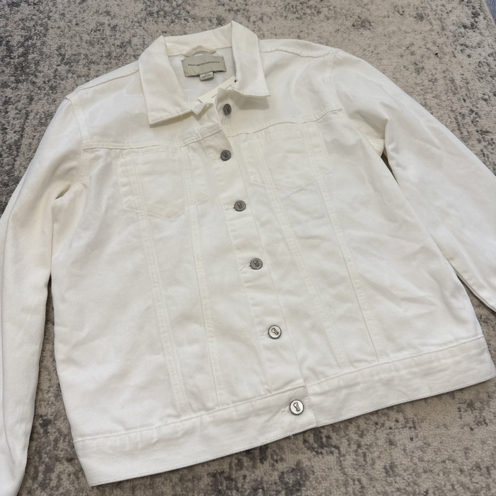 Anthropologie White Denim Jacket Women's Large ($88) NEW WITH TAGS 100% Cotton